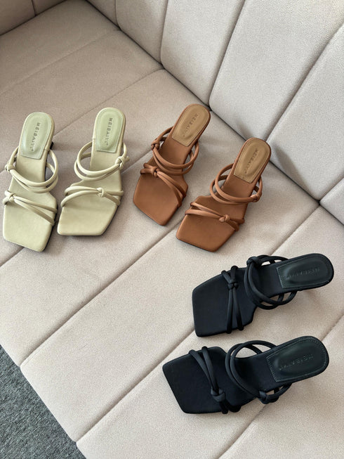 Ladies Double Knot Strap Square Open Toe Slid-On Heel